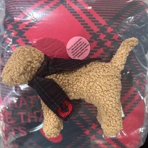 Victoria’s Secret Cozy Red and Black Plaid Blanket and VS Pink dog